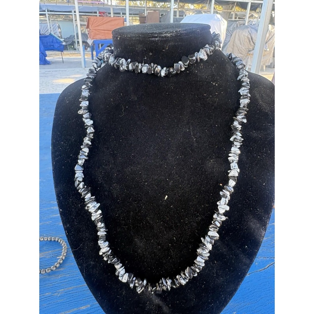 Very Long Obsidian Snowflake Necklace Chip